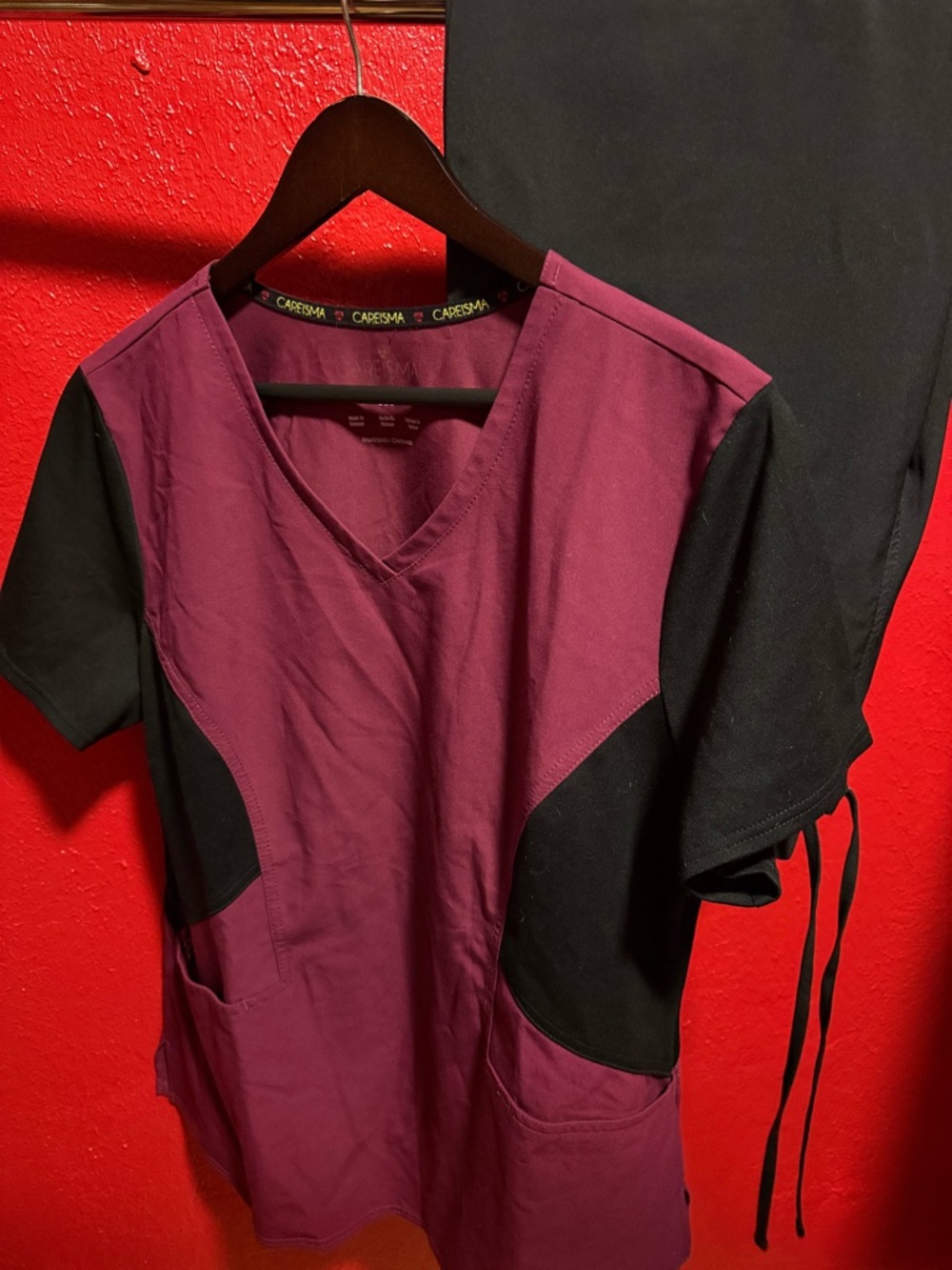 69. Women's V-Neck Medical Top in Burgundy with Black Panels
